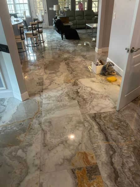 Large-format marble-look porcelain tile